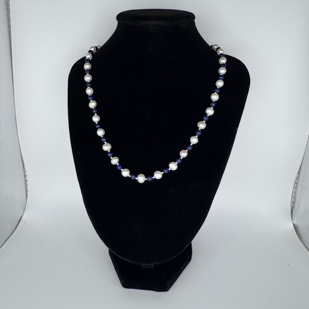 Elegant Pearl and Blue Bead Necklace - Women Jewelry